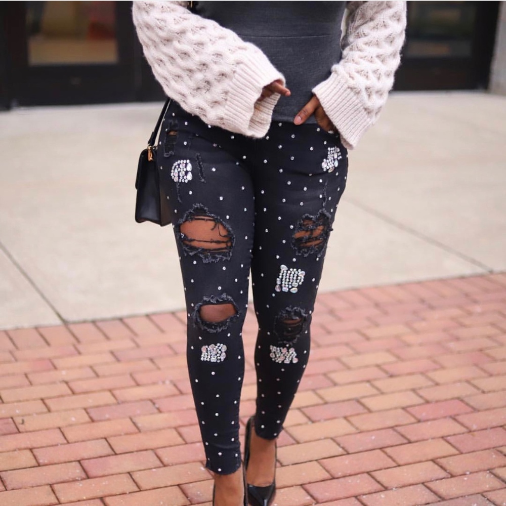 Embellished Denim Black Jeans